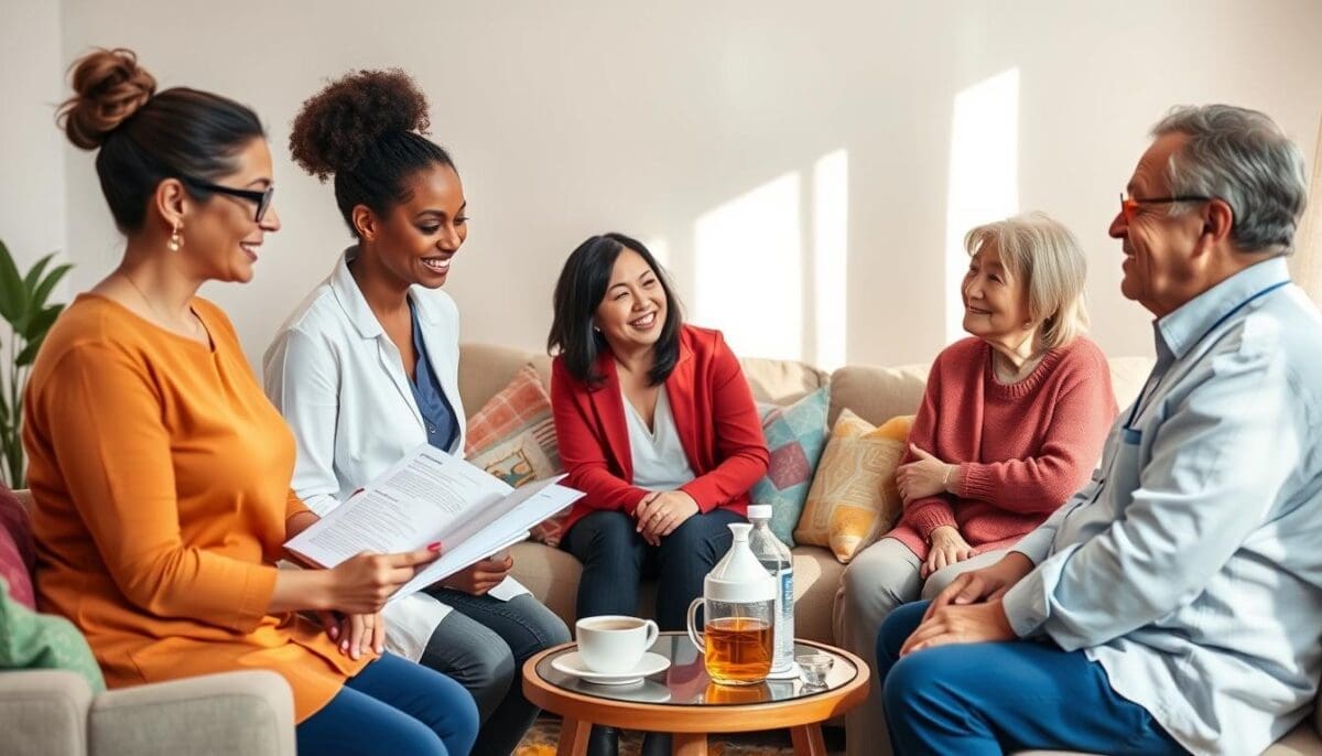 A warm and inviting living room scene that illustrates home care guidance for family caregivers. In the foreground, a diverse group of three individuals—two women and one man, dressed in professional attire—are engaged in a supportive discussion with a caregiver. One woman is pointing to an informative guidebook, while the others listen attentively, nodding. In the middle, a cozy couch is adorned with colorful cushions, and a small table sits with a cup of tea and medical supplies, symbolizing day-to-day caregiving routines. The background features soft lighting from a window, casting gentle shadows and creating a positive, encouraging atmosphere. The overall mood conveys collaboration, warmth, and support, emphasizing the importance of guidance in home care.
