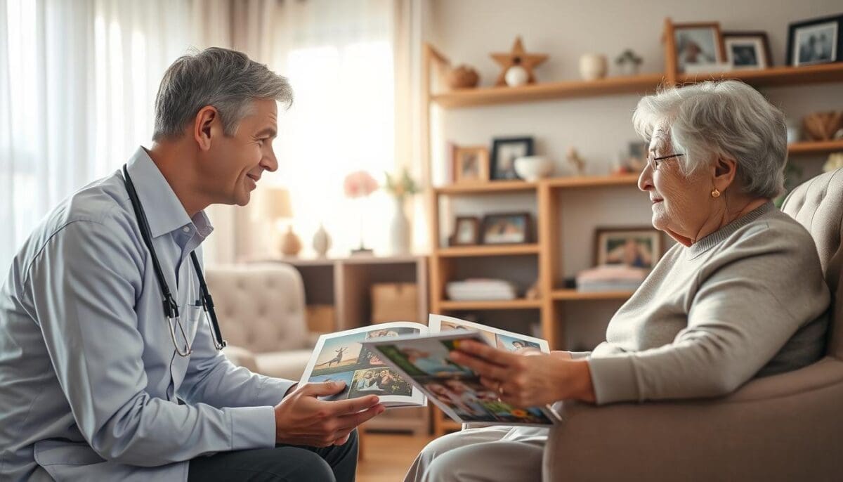 Healthcare professional and elderly woman reviewing photos, dementia care support in San Antonio.