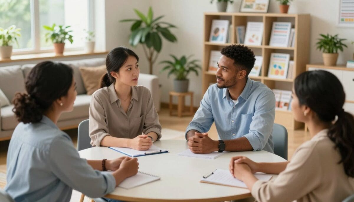 A warm and inviting scene illustrating caregiver support in a community center setting. In the foreground, a diverse group of caregivers—two women and one man—are seated at a round table, engaged in a supportive discussion. The woman on the left, dressed in a professional blouse, is sharing her story, while the man, in a smart casual shirt, listens attentively, nodding. The other woman, in modest clothing, offers a comforting smile. In the middle ground, a cozy, sunlit room filled with plants and soft seating creates a nurturing atmosphere. The background features shelves lined with resource materials about caregiver support, creating a sense of accessibility and knowledge. The lighting is soft, emanating a sense of hope and camaraderie, captured from a slight high angle to provide a comprehensive view of the group's connection. A warm and inviting scene illustrating caregiver support in a community center setting. In the foreground, a diverse group of caregivers—two women and one man—are seated at a round table, engaged in a supportive discussion. The woman on the left, dressed in a professional blouse, is sharing her story, while the man, in a smart casual shirt, listens attentively, nodding. The other woman, in modest clothing, offers a comforting smile. In the middle ground, a cozy, sunlit room filled with plants and soft seating creates a nurturing atmosphere. The background features shelves lined with resource materials about caregiver support, creating a sense of accessibility and knowledge. The lighting is soft, emanating a sense of hope and camaraderie, captured from a slight high angle to provide a comprehensive view of the group's connection.
