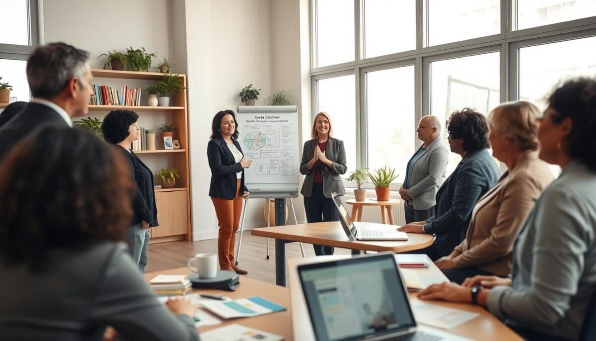 A warm, inviting classroom setting filled with natural light streaming in through large windows. In the foreground, a diverse group of three adult caregivers, dressed in professional business attire, attentively listening to a knowledgeable instructor standing by a whiteboard with diagrams and training materials on caregiver education. The instructor, a middle-aged woman, is engaging the group with a smile, illustrating key concepts. In the middle ground, tables are scattered with educational resources, pamphlets, and laptops opened to caregiving programs. The background features shelves filled with books and potted plants, creating a supportive and encouraging atmosphere. Soft, diffused lighting highlights the collaborative spirit, evoking feelings of community and empowerment among caregivers.