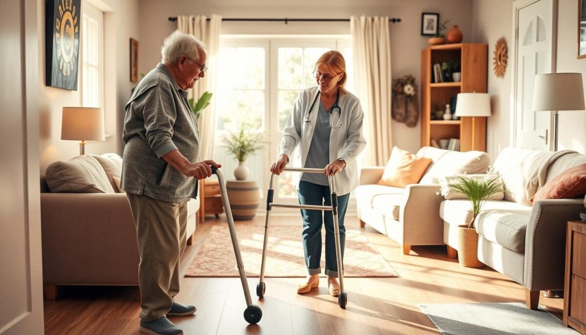 A warm, inviting home environment depicting a fall prevention care scenario for seniors. In the foreground, an elderly person stands steadily using a walker, dressed in modest casual clothing, while a compassionate caregiver, also in professional attire, offers assistance and guidance. The middle ground features safety features like grab bars and non-slip mats, emphasizing a supportive atmosphere. The background includes a well-lit living room with soft furnishings and natural light streaming through a window, creating a sense of comfort and security. Use soft, diffused lighting to enhance the caring mood. The angle should focus on the interaction between the caregiver and the senior, highlighting their connection and the importance of fall prevention.