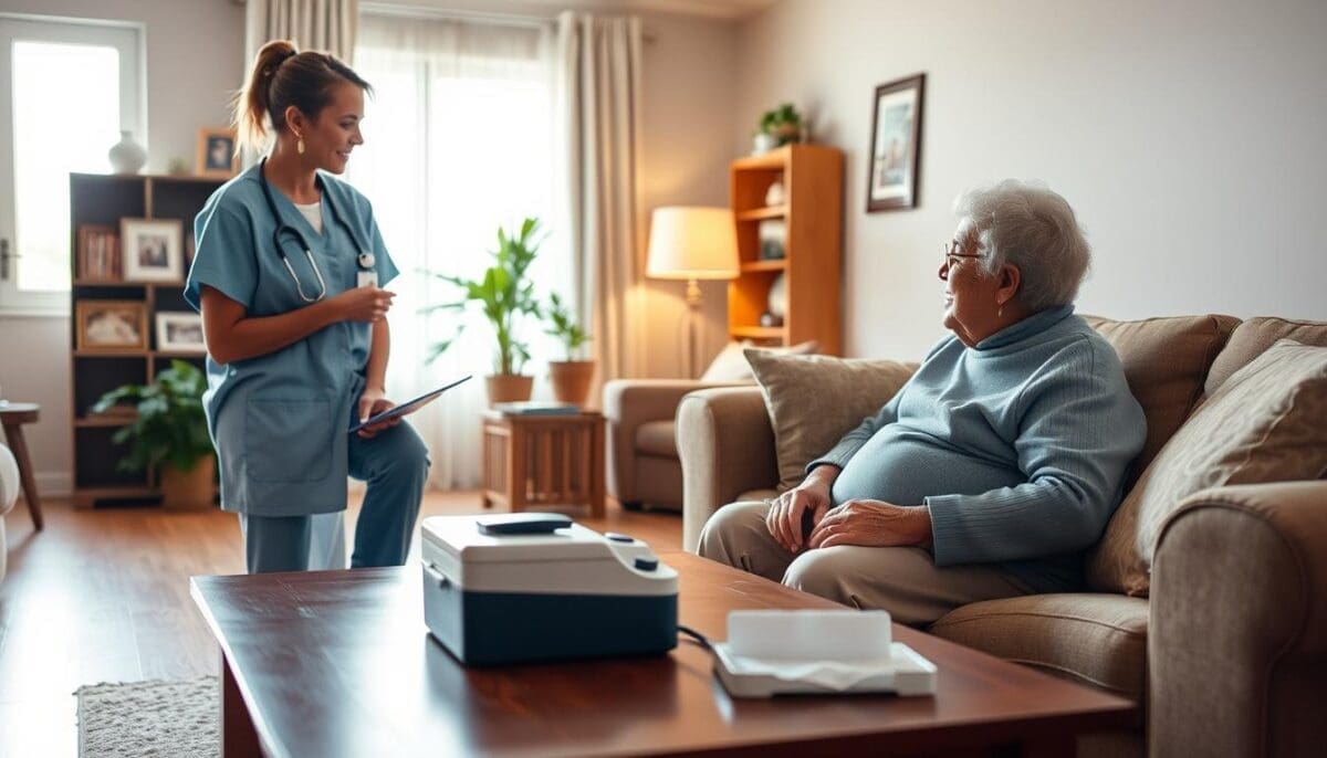 Home healthcare nurse discussing care plan with senior patient in a warm, inviting living room environment.
