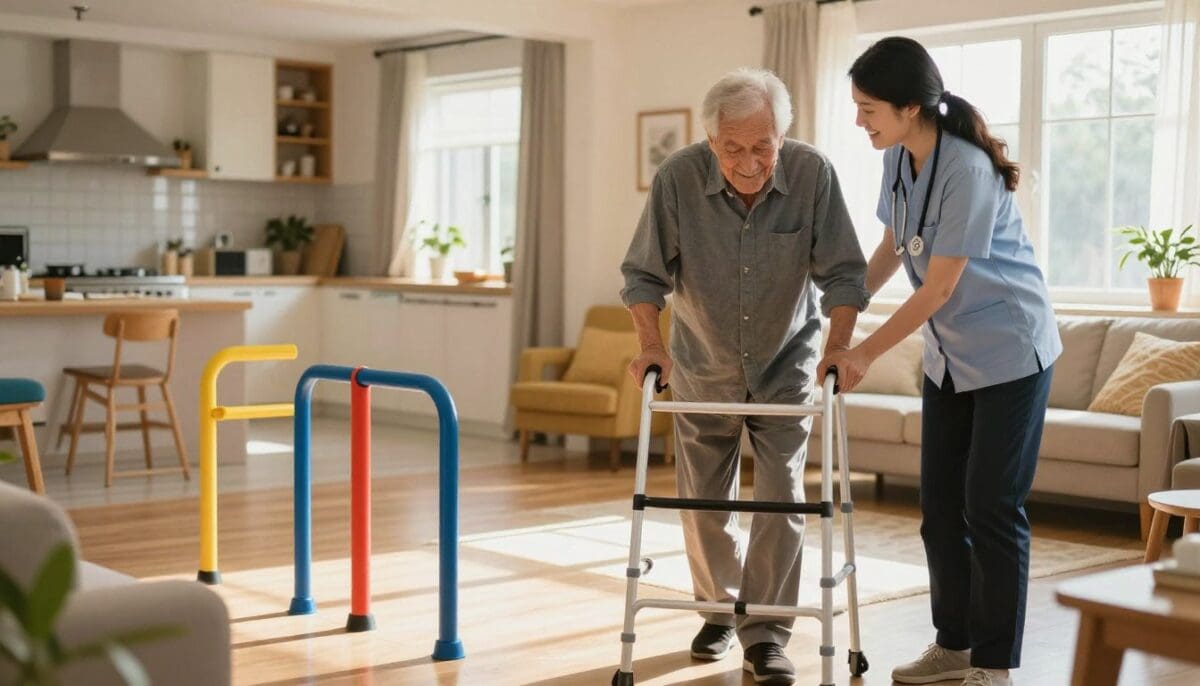 A warm, inviting home setting illustrating occupational therapy for mobility and independence. In the foreground, a cheerful therapist in professional attire is assisting an elderly gentleman, who is using a walker, as he navigates through a bright, accessible living room filled with sunlight. In the middle, a colorful array of adaptive aids, such as grab bars and ergonomic furniture, emphasizes the theme of independence. The background shows a well-lit kitchen and cozy seating area, creating a sense of comfort and safety. The atmosphere is supportive and encouraging, with soft natural lighting enhancing the positive interaction. A shallow depth of field focuses on the therapist and client, capturing their engagement and determination. The overall mood is uplifting and compassionate, highlighting the importance of home-based therapy for enhancing daily living skills.
