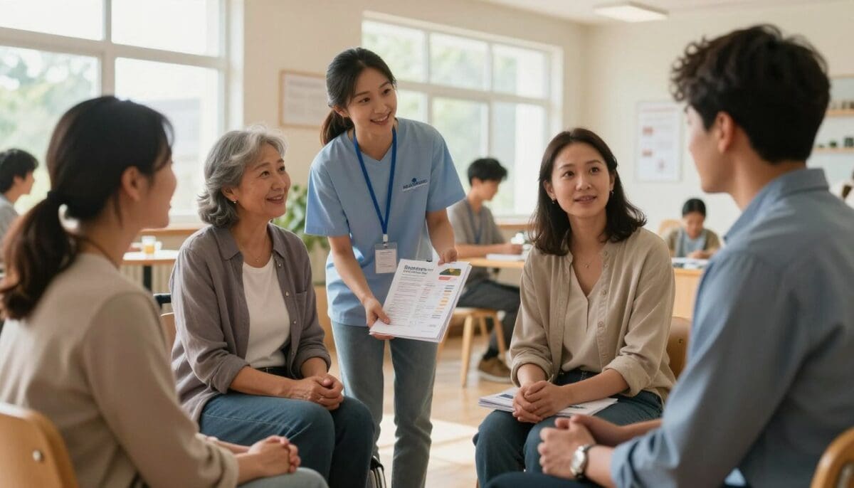 A warm, inviting scene depicting family caregivers receiving community assistance in a bright, welcoming community center. In the foreground, a diverse group of caregivers, including a middle-aged woman in modest casual clothing and a younger man in business attire, are engaged in conversation, showing expressions of relief and gratitude. The middle layer features a volunteer offering support, surrounded by resource materials and brochures on caregiving. In the background, large windows allow natural light to flood the room, enhancing the hopeful atmosphere. The setting should convey a sense of community and support, with soft, warm lighting and a slightly blurred background to emphasize the caregivers' interaction. The overall mood is one of solidarity and compassion, highlighting the importance of supporting caregivers. A warm, inviting scene depicting family caregivers receiving community assistance in a bright, welcoming community center. In the foreground, a diverse group of caregivers, including a middle-aged woman in modest casual clothing and a younger man in business attire, are engaged in conversation, showing expressions of relief and gratitude. The middle layer features a volunteer offering support, surrounded by resource materials and brochures on caregiving. In the background, large windows allow natural light to flood the room, enhancing the hopeful atmosphere. The setting should convey a sense of community and support, with soft, warm lighting and a slightly blurred background to emphasize the caregivers' interaction. The overall mood is one of solidarity and compassion, highlighting the importance of supporting caregivers.