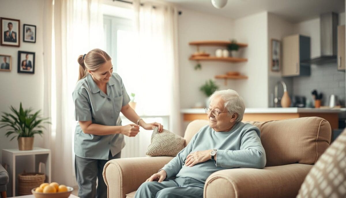 A warm, inviting scene of an elderly person in a cozy living room, surrounded by professional home care helpers. In the foreground, an empathetic caregiver, wearing professional attire, gently assists the elderly individual seated in a comfortable armchair, showcasing a moment of care and companionship. The middle ground features a well-lit room with soft natural light filtering through sheer curtains, illuminating family photos on the walls and plants adding a touch of life. In the background, a tidy kitchen area can be seen, representing a well-maintained home environment. The atmosphere is serene and supportive, encapsulating the peace of mind that professional home care can bring to families. Use soft focus for a gentle feel and a slightly elevated angle to capture the warmth of the interaction.