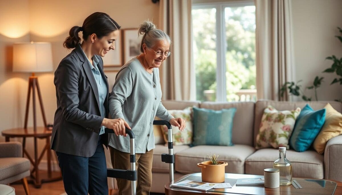 A warm, inviting scene set in a cozy, well-lit living room in San Antonio, focusing on a compassionate healthcare professional assisting a senior in using mobility aids. In the foreground, the healthcare worker, dressed in smart, professional attire, is gently guiding the senior, who is wearing comfortable, modest clothing. The middle ground features a soft couch with colorful cushions and a small coffee table adorned with health pamphlets. In the background, a window reveals a sunny day outside, with greenery visible, symbolizing hope and vitality. The atmosphere exudes warmth and support, highlighting the importance of in-home health services for maintaining mobility. Use soft lighting to create an uplifting, optimistic mood while emphasizing connection and care.