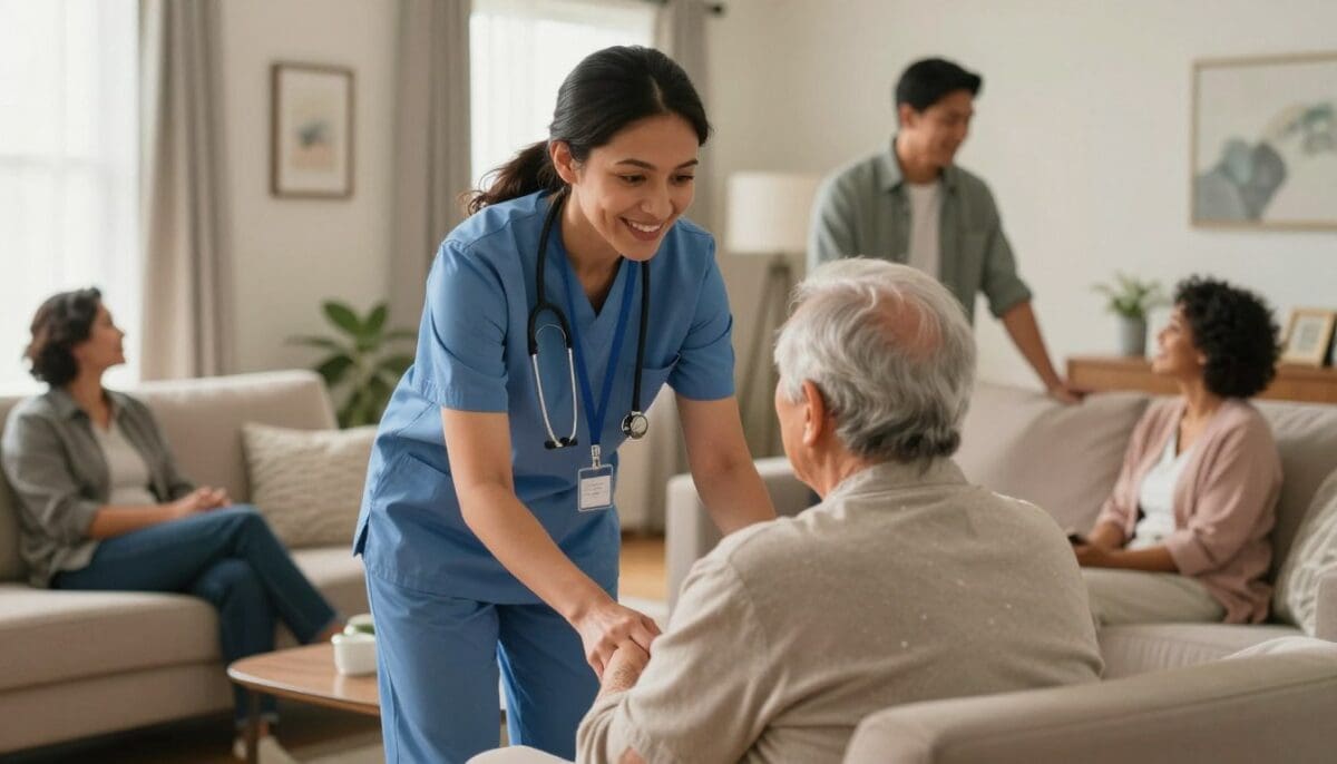 An image showing a professional caregiver providing in-home respite care services in San Antonio, Texas, helping a senior citizen with daily activities in a bright living room while the family member prepares for a rest. An image showing a professional caregiver providing in-home respite care services in San Antonio, Texas, helping a senior citizen with daily activities in a bright living room while the family member prepares for a rest.
