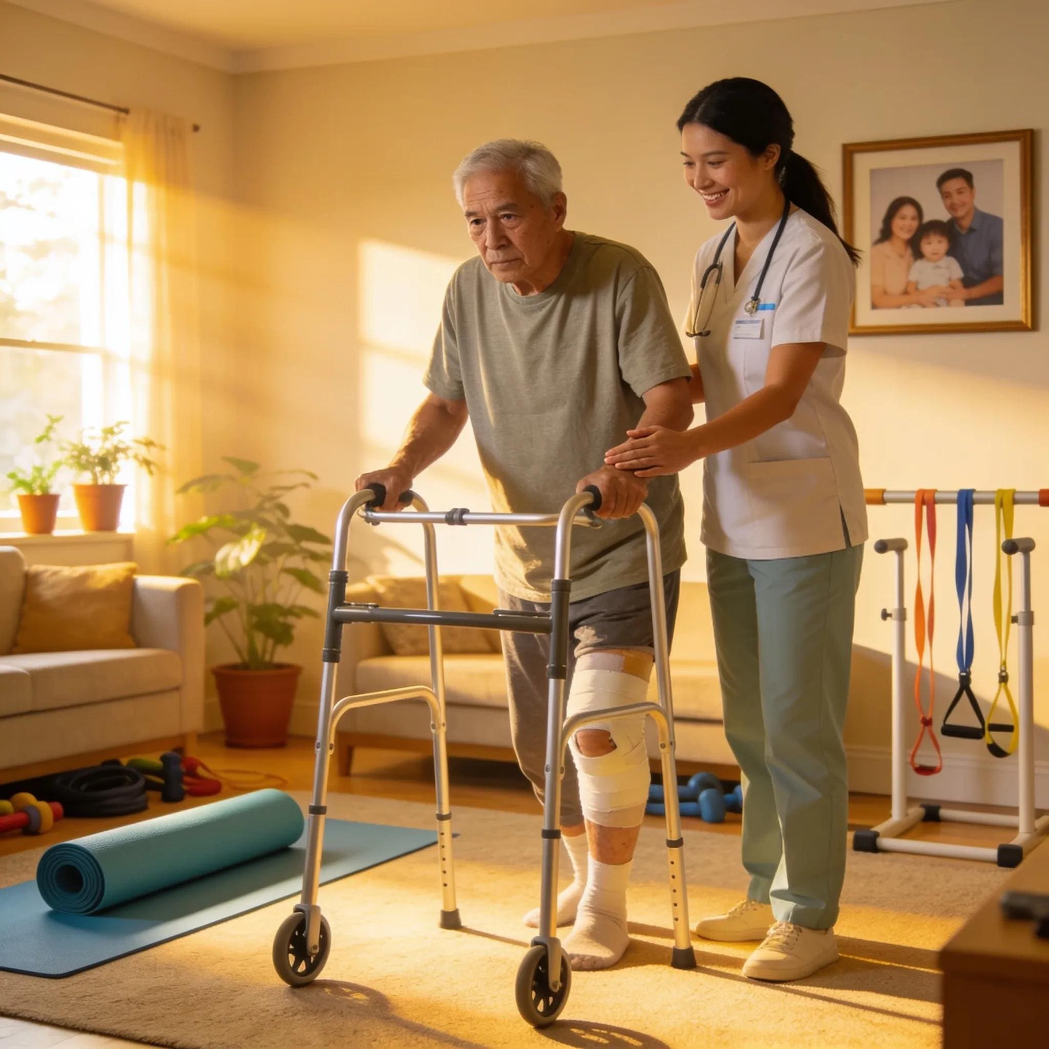 Physical therapist assisting elderly man with walker in home setting, demonstrating mobility rehabilitation.