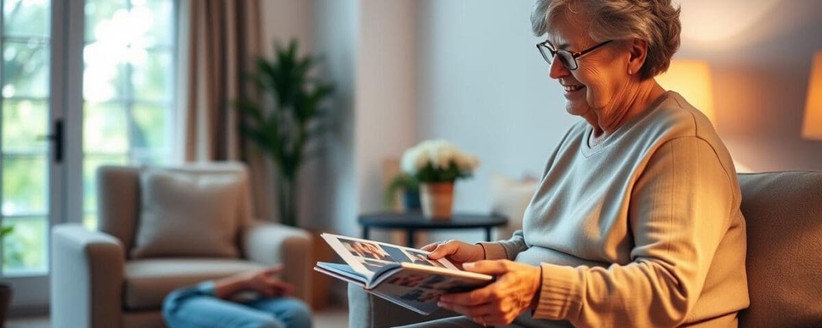 Elderly woman reading a book in a comfortable home setting, dementia care in San Antonio.