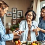 Home health nurse assisting senior woman with diabetes management in San Antonio