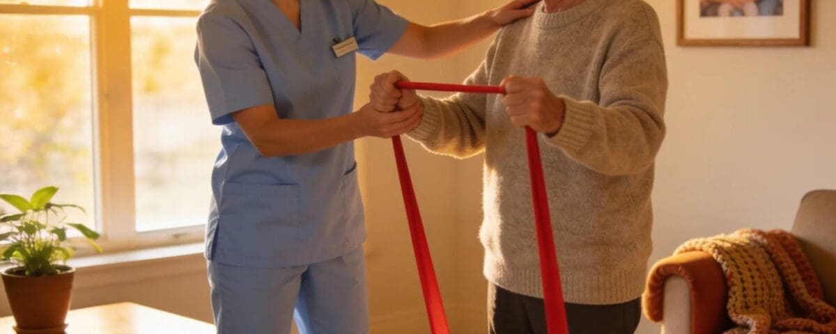 Physical therapist assisting patient with balance exercises at home.