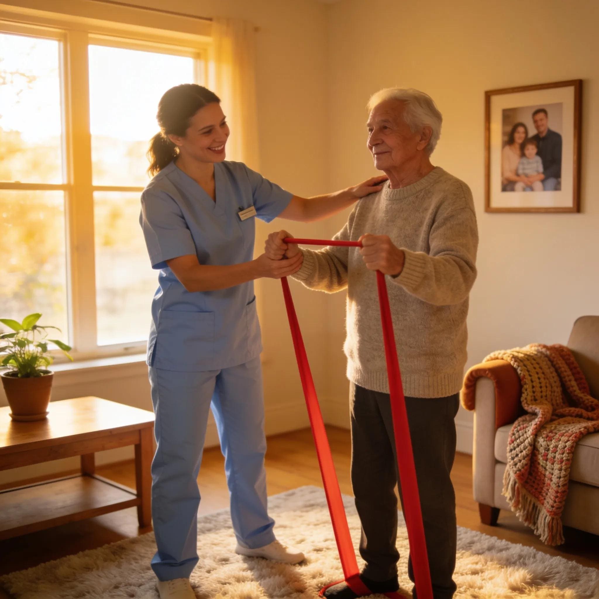 Physical therapist assisting elderly man with mobility exercises at home.