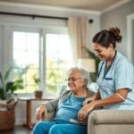 Elderly care in San Antonio, home health nurse assisting senior patient.