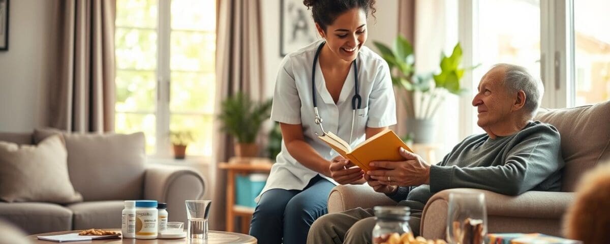 Home care nurse assisting elderly man with chronic illness in San Antonio living room.