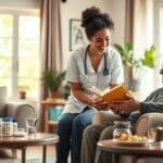 Home care nurse assisting elderly man with chronic illness in San Antonio living room.