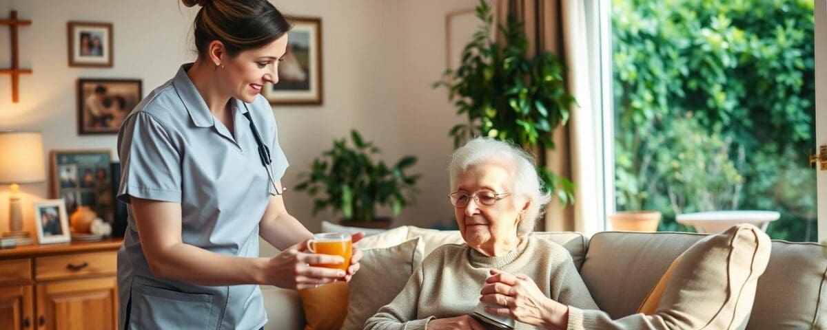 Caregiver assisting senior woman with meal in San Antonio home, providing compassionate in-home care.