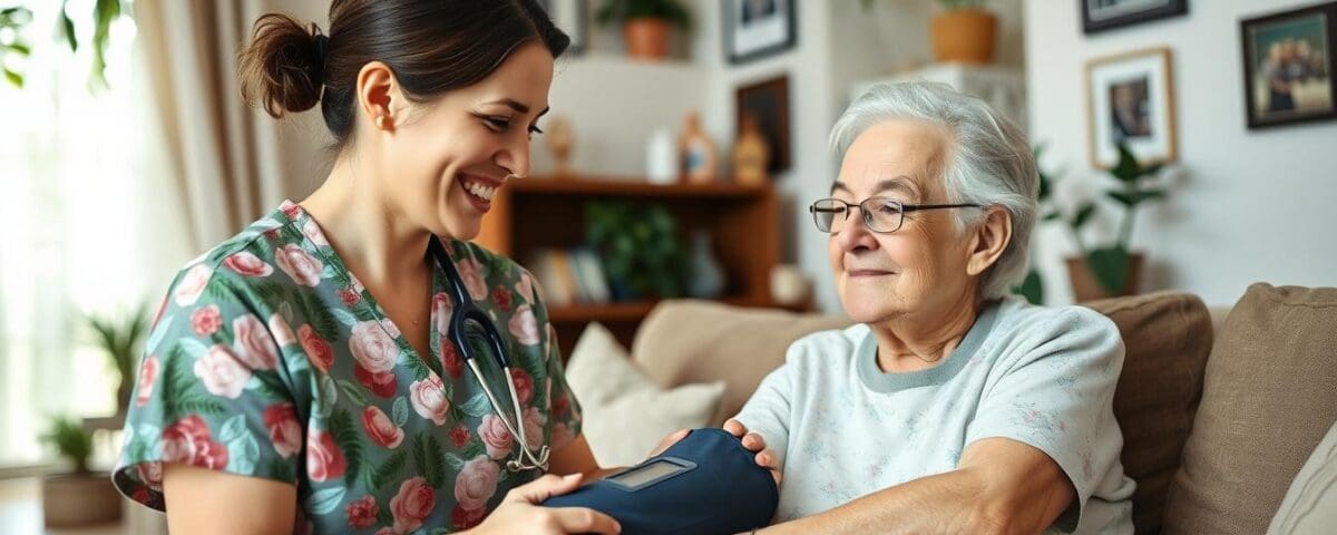 Home health nurse providing care and support to senior patient in San Antonio.