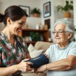 Home health nurse providing care and support to senior patient in San Antonio.
