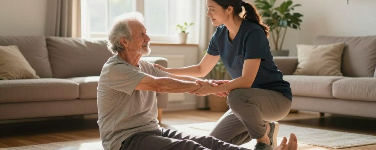Physical therapist assisting senior with mobility exercises in San Antonio home.