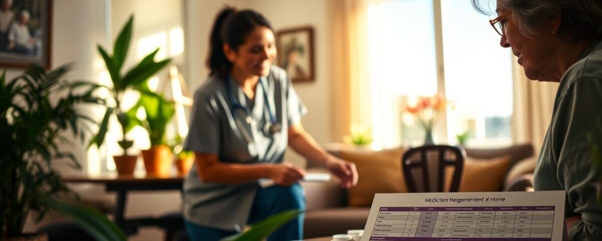 Home health nurse providing medication management support to patient in San Antonio home.