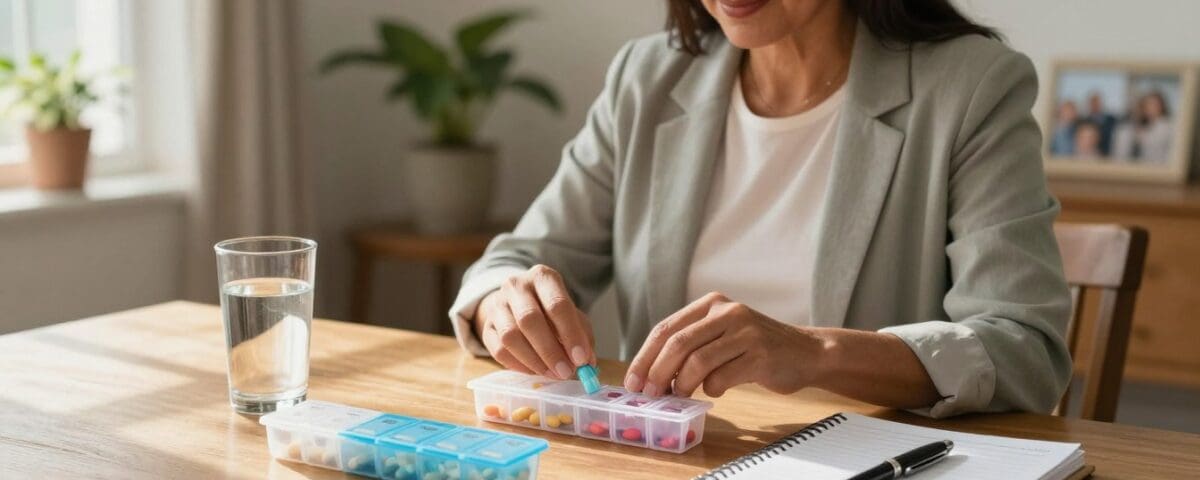 Medication management at home in San Antonio with a nurse and pill organizer.