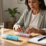 Medication management at home in San Antonio with a nurse and pill organizer.
