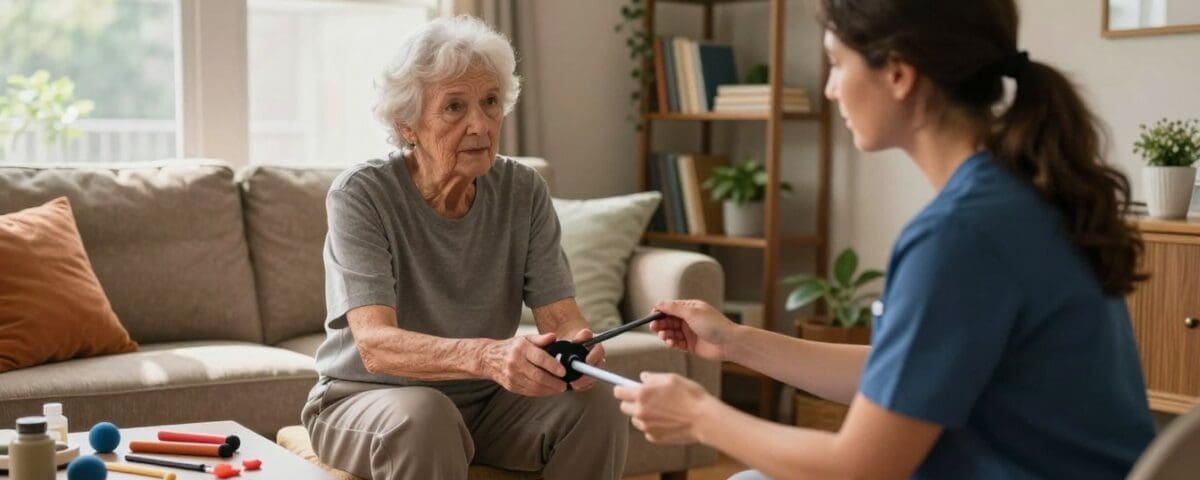 Occupational therapy at home in San Antonio, Texas, with therapist assisting senior patient.