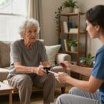 Occupational therapy at home in San Antonio, Texas, with therapist assisting senior patient.