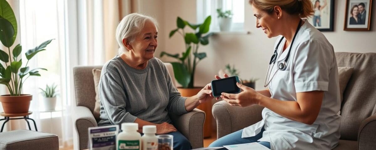Home health nurse and elderly woman in San Antonio discussing medication and care plan.
