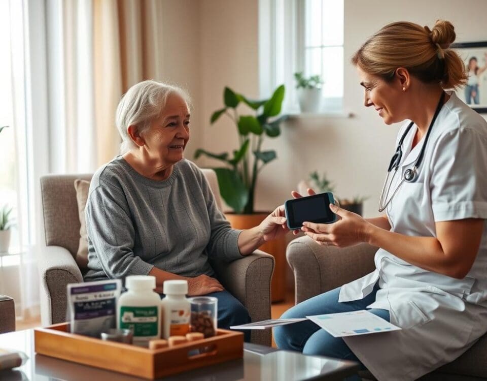 Home health nurse assisting senior patient with medication management in San Antonio.