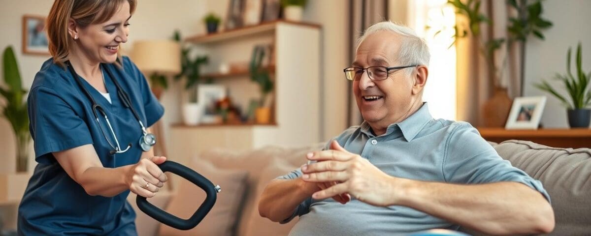 Stroke rehabilitation therapy in San Antonio home, Continu Care Home Health assisting patient with exercise.