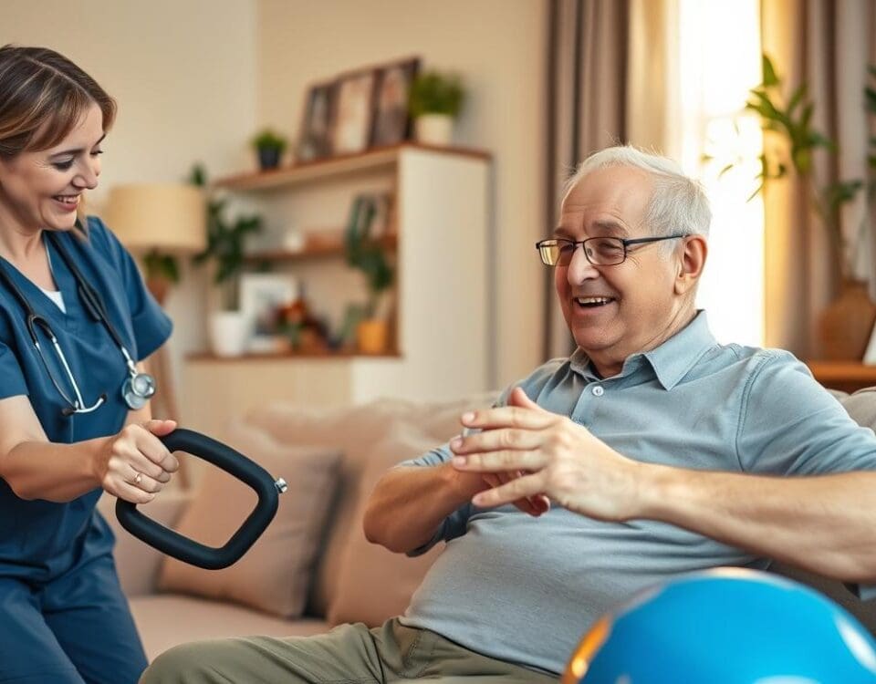 Home health nurse assisting stroke patient with rehabilitation exercises in San Antonio home.