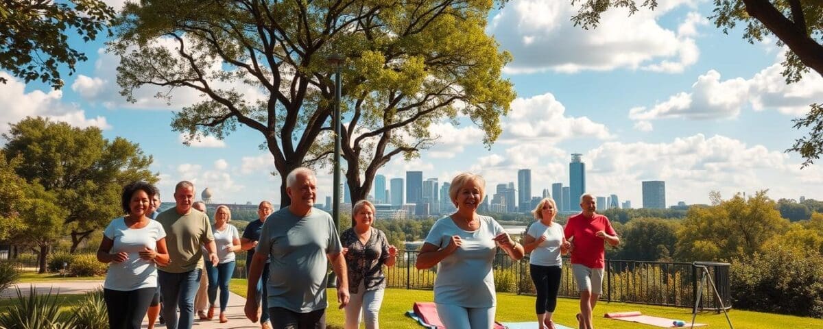 Seniors walking and exercising outdoors in San Antonio, promoting senior wellness and healthy aging.