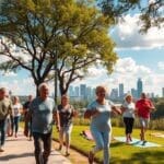 Seniors exercising outdoors in San Antonio promoting healthy habits and active lifestyles.