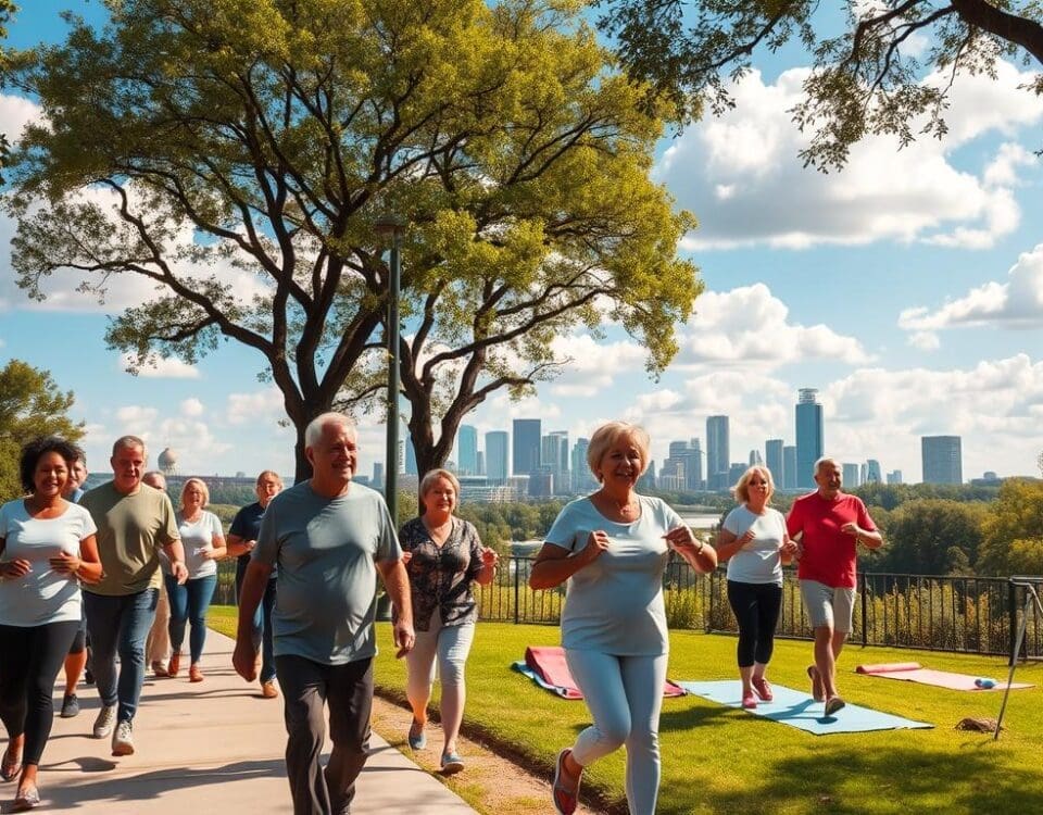 Seniors exercising outdoors in San Antonio promoting healthy habits and active lifestyles.