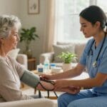 Continu Care skilled nursing at home in San Antonio, nurse taking patient's blood pressure.