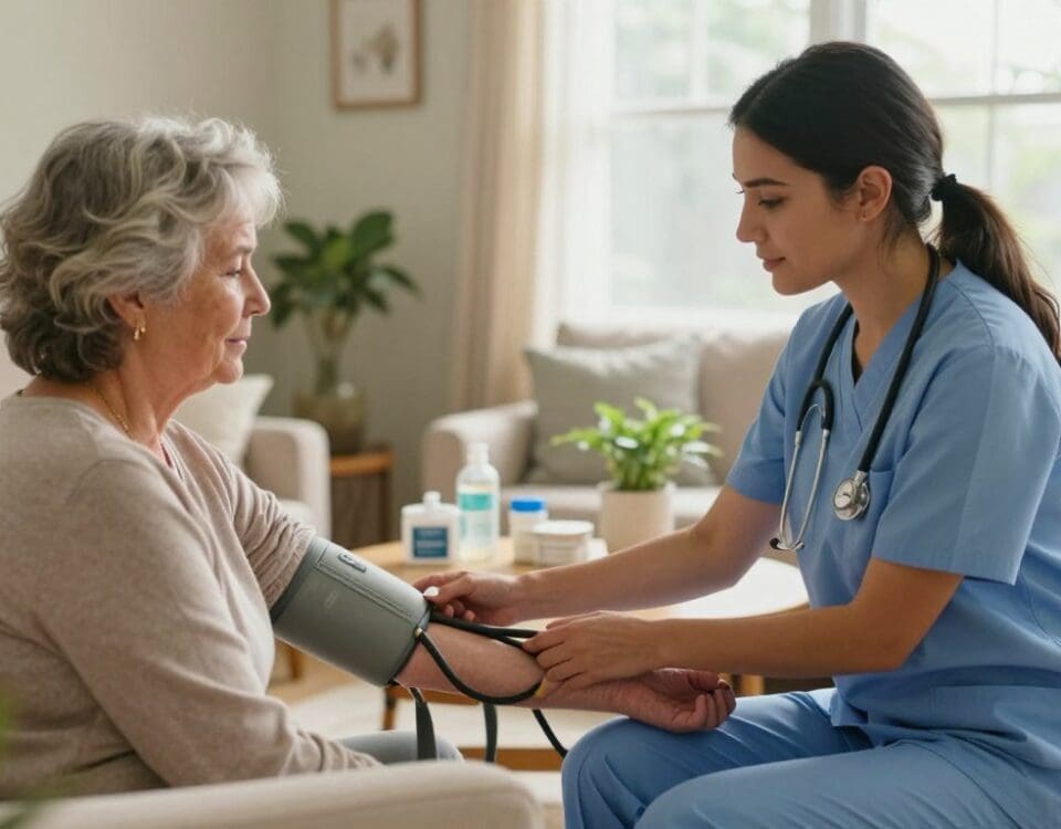 Skilled nurse providing in-home care and blood pressure monitoring for senior woman in San Antonio.