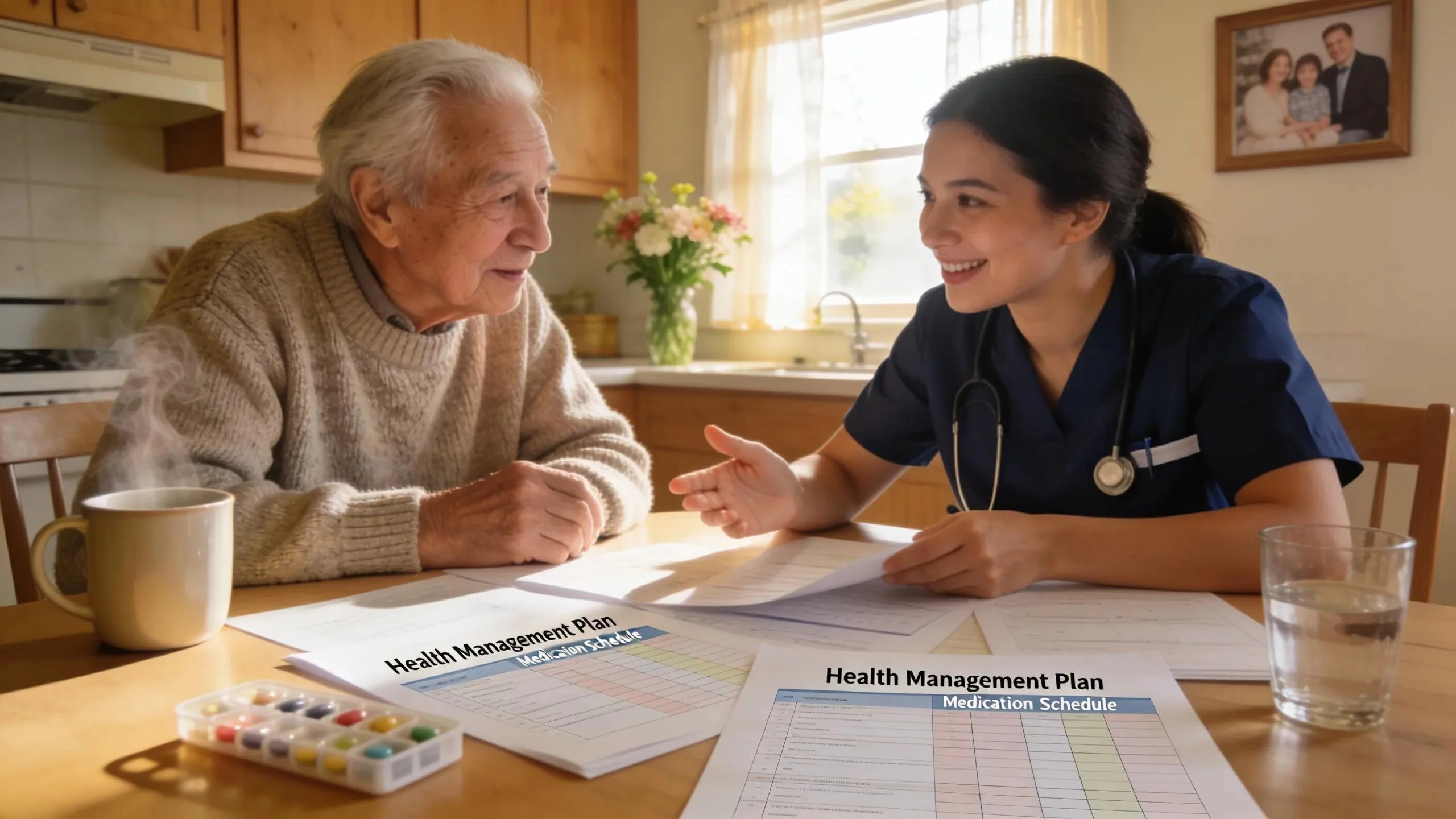 Patient and nurse collaborating on chronic disease management at home