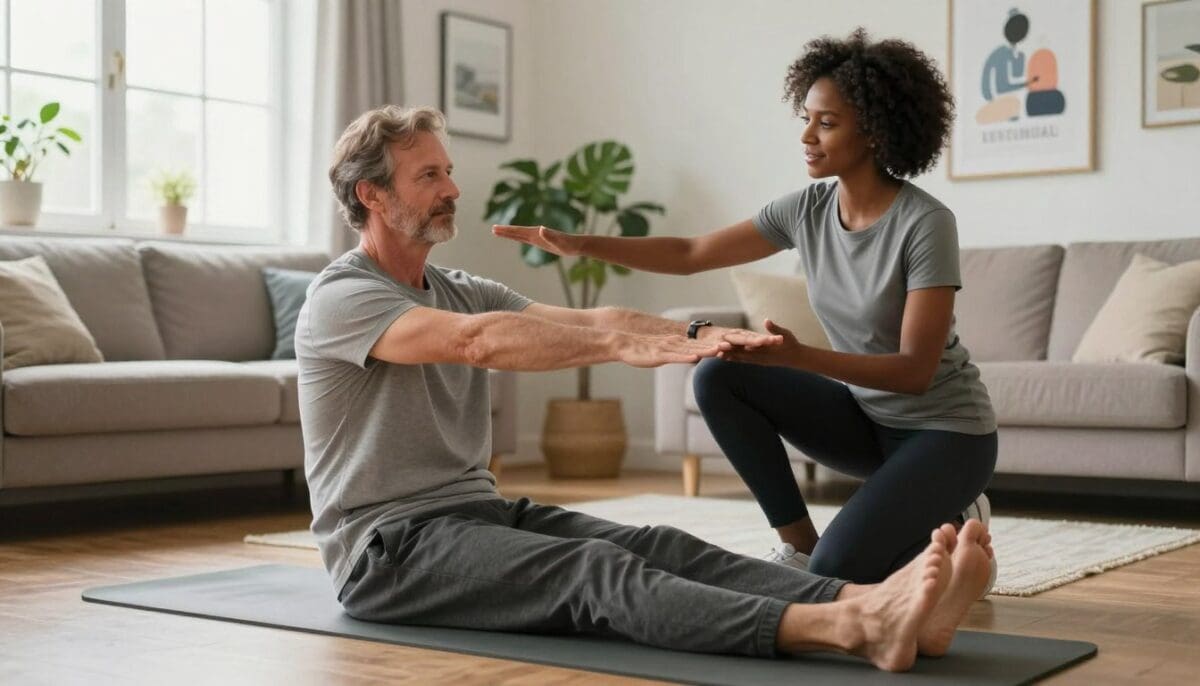 A bright and airy home setting featuring a patient engaged in recovery exercises, guided by a therapist. In the foreground, the patient, a middle-aged Caucasian man, is performing a stretching exercise on a yoga mat, wearing modest, comfortable athletic wear. The therapist, a young Black woman, is demonstrating the correct posture, dressed in professional fitness attire. In the middle ground, a cozy living room is visible, with soft lighting filtering through large windows, showcasing house plants and motivational posters on the walls. The atmosphere is supportive and encouraging, highlighting the building of a personal routine for rehabilitation. A neutral color palette enhances the sense of calm, while a focal point on the interaction between patient and therapist adds an emotional connection.