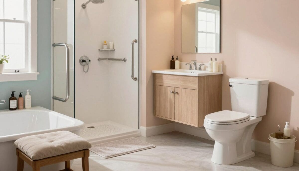 A bright and inviting bathroom designed for senior safety, featuring grab bars strategically placed by the shower and toilet, a non-slip shower mat, and a toilet seat raiser. In the foreground, showcase a sturdy bath bench with a cushioned seat next to a bathtub, and neatly arranged toiletries within easy reach. The middle ground includes a well-lit vanity area with adequate lighting, emphasizing safety with a large mirror and accessible shelving. The background shows soft pastel colors on the walls, creating a calm ambiance. Use natural light streaming in through a frosted window, capturing a warm, reassuring atmosphere. The scene should highlight an aura of comfort and safety, without any human subjects or distractions, ensuring a focus on accessibility features.