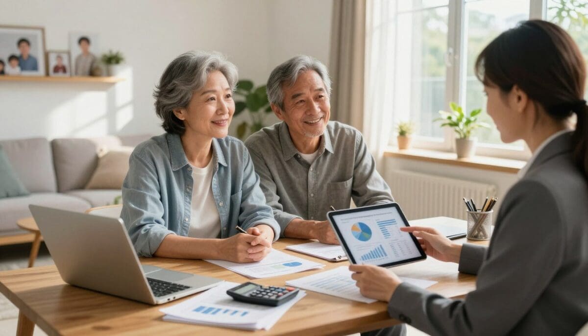 A bright and inviting home office filled with natural light, showcasing a middle-aged couple discussing financial planning for home care services. The couple, dressed in smart casual attire, is seated at a wooden desk cluttered with documents, a laptop, and a calculator. In the foreground, a financial planner, a professional woman in business attire, is explaining graphs and charts displayed on her tablet. The middle ground features a cozy living room, with family photos and plants, illustrating a warm, loving environment. The background has a window with sunlight streaming in, casting soft shadows, creating a calm and hopeful atmosphere that encourages thoughtful planning for aging in place. The overall mood is supportive, motivational, and focused on future security.