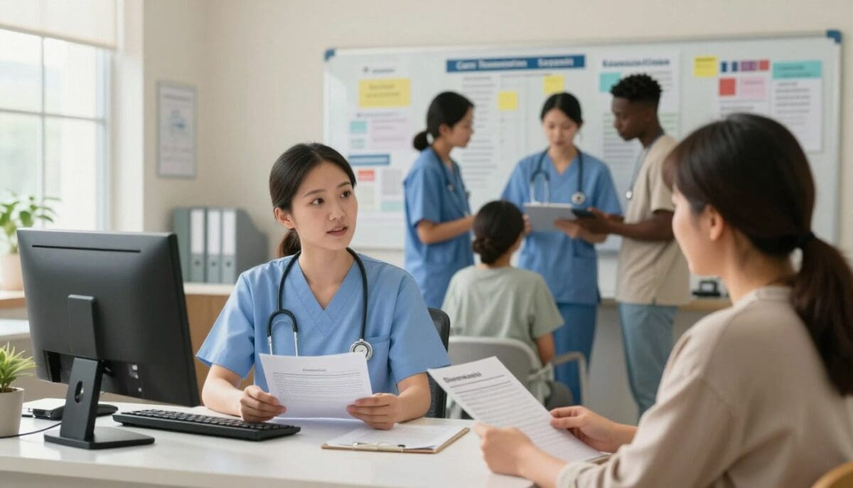 A bright and well-organized hospital discharge office scene, depicting a nurse in professional attire sitting at a desk, reviewing patient files on a computer. In the foreground, a compassionate healthcare professional speaks with a patient, holding discharge paperwork, while a family member listens attentively. The middle ground shows a whiteboard filled with care transition plans and important notes, and a small team of diverse medical staff collaborating, discussing alongside. The background includes a window with soft, natural light filtering in, creating an optimistic and welcoming atmosphere. A room filled with soothing colors and medical charts clearly representing a coordinated care process, emphasizing teamwork and the importance of smooth transitions in care. Soft shadows and warm lighting enhance the caring mood.