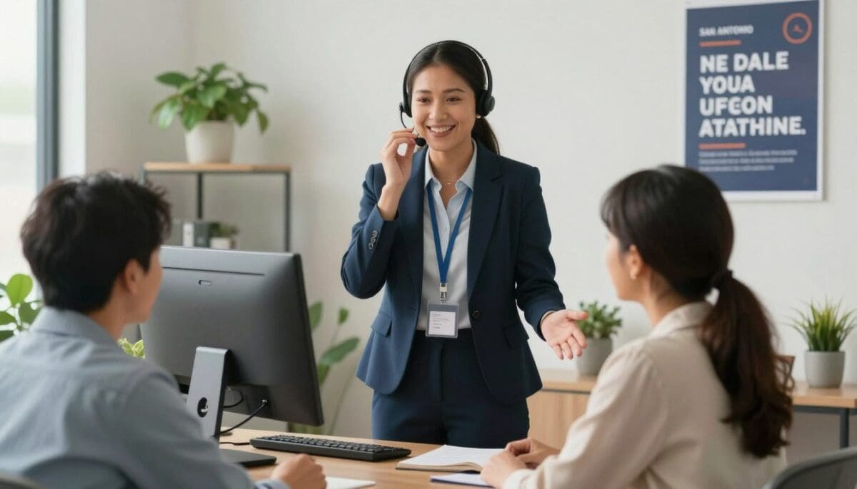 A bright, professional office setting in San Antonio where a friendly healthcare coordinator is speaking into a headset, helping a family over the phone.