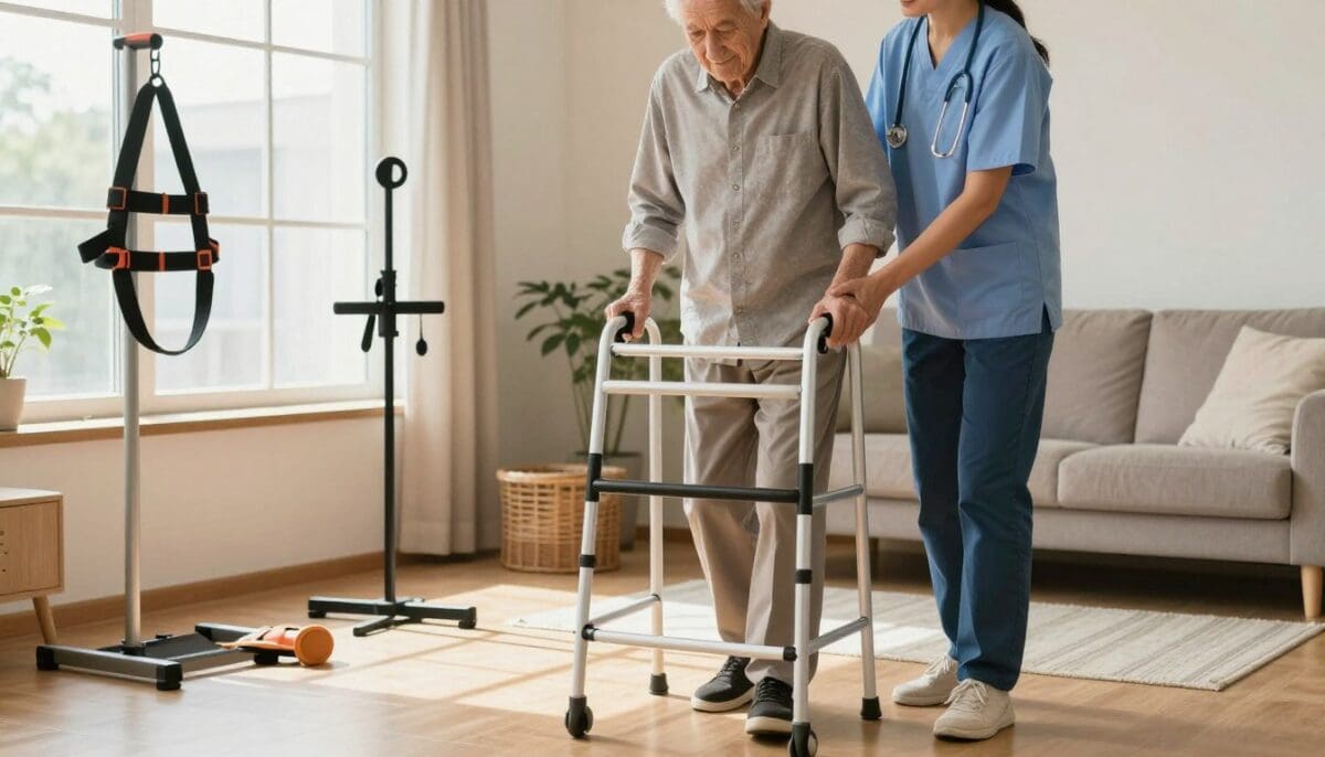 A bright, welcoming home environment showcasing walking assistance services. In the foreground, a compassionate healthcare professional, dressed in smart casual clothing, supports an elderly individual taking their first steps with a walker, demonstrating safe transfer techniques. The middle ground features various supportive tools like gait training harnesses and balance aids, subtly placed to illustrate the variety of support available. The background portrays a cozy living room with natural light streaming through windows, creating an inviting atmosphere. The scene conveys a sense of encouragement and confidence in recovery, focusing on the interaction between the caregiver and the individual as they engage in a positive, supportive experience. Aim for a warm color palette that enhances the uplifting mood.