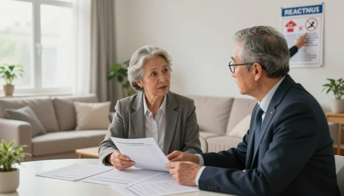 A brightly lit living room, showcasing two older adults in professional business attire engaging in a thoughtful discussion. The foreground features a round table with various paperwork, including checklists and safety guidelines, emphasizing fall risk assessments. In the middle, one older adult, a woman with gray hair in a neat bun, looks attentively at the documents, while the other, a man with glasses, gestures towards a safety poster on the wall, highlighting fall prevention tips. The background showcases a cozy home environment with a well-lit space, potted plants, and comfortable seating. Soft natural light streams through a window, creating a warm and inviting atmosphere, conveying a sense of proactive care and community awareness. The image should evoke a feeling of safety and confidence in managing fall risks for older adults.