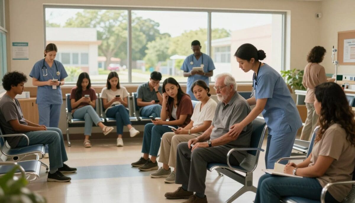 A busy hospital waiting room in San Antonio, showcasing a diverse group of patients and healthcare professionals. In the foreground, a nurse in scrubs assists an elderly man sitting on a chair, surrounded by a family offering support. The middle ground features a waiting area with concerned individuals glancing at their phones, highlighting the anxiety of potential readmission. Soft, warm lighting creates a caring atmosphere, while a large wall window in the background reveals a bright, sunny day outside, symbolizing hope and healing. The scene is framed with a wide-angle lens to capture both the urgency and the compassionate environment of the hospital. Overall, the image conveys a blend of concern and solidarity, reflecting the importance of keeping patients home and healthy.