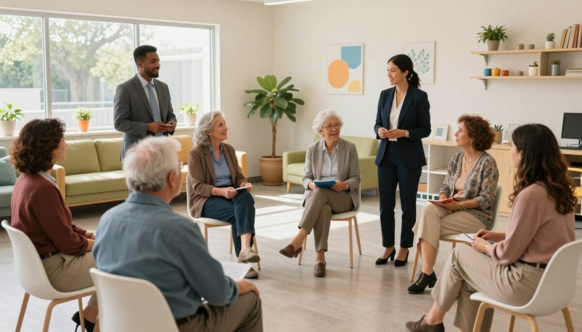 A cheerful and safe interior environment at a San Antonio adult day center, with staff interacting warmly with seniors during a memory exercise. A cheerful and safe interior environment at a San Antonio adult day center, with staff interacting warmly with seniors during a memory exercise.