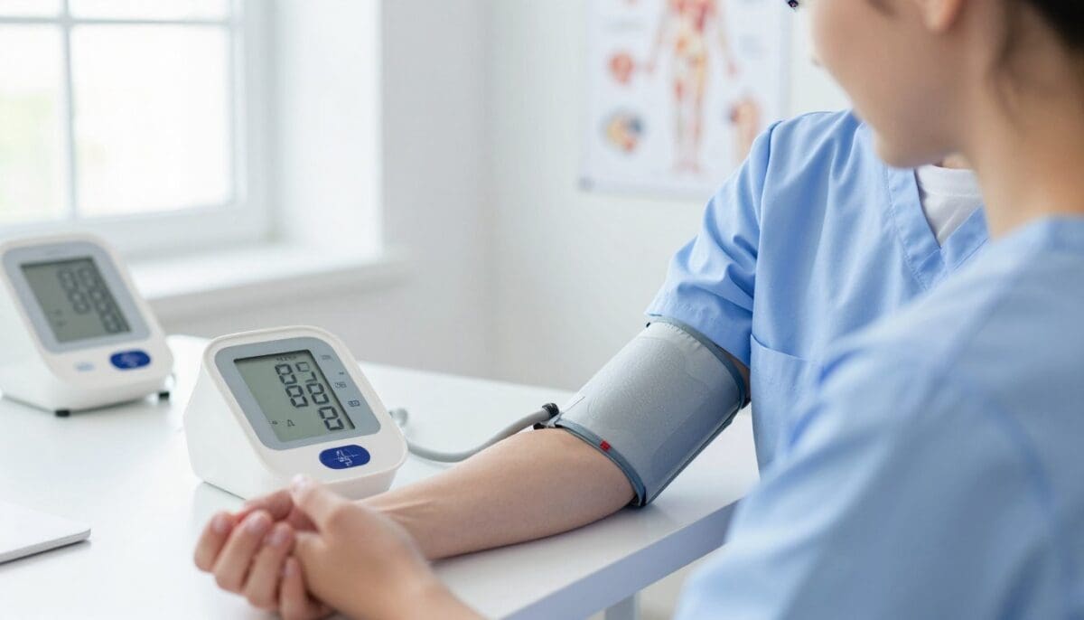 Digital blood pressure monitor displaying systolic and diastolic readings for home monitoring.