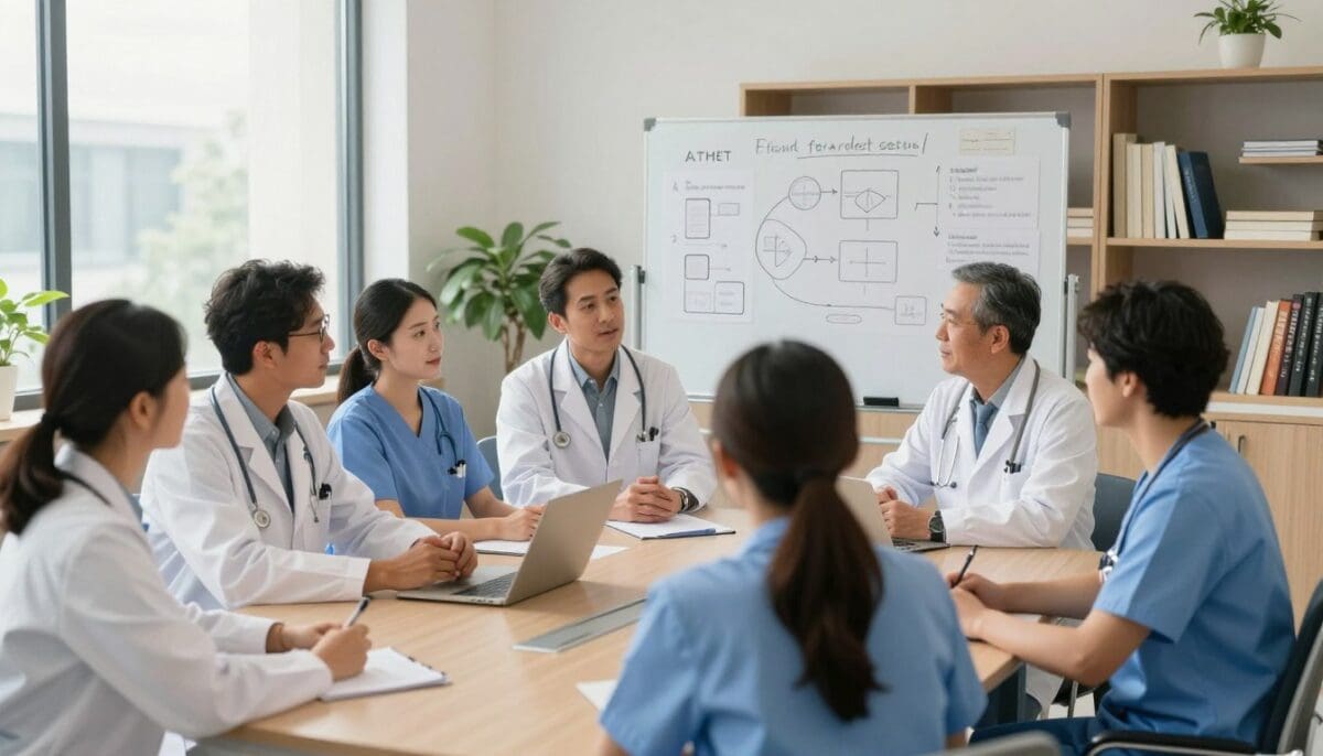 A collaborative healthcare team gathered in a bright, modern hospital conference room. In the foreground, a diverse group of professionals&mdash;doctors, nurses, and a social worker&mdash;are engaged in a thoughtful discussion, each wearing professional medical attire. The middle shows a large whiteboard filled with diagrams and notes, illustrating their strategies for patient recovery. A warm, inviting light streams in through large windows, creating a sense of hope and teamwork. In the background, shelves filled with medical books and plants add to the atmosphere of knowledge and care. The camera angle is slightly elevated, capturing the teamwork and engagement, evoking a mood of partnership and commitment to patient outcomes.
