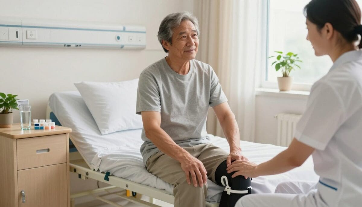 A comfortable hospital room featuring a middle-aged patient sitting on a bed, dressed in modest hospital attire, actively engaged in a physical therapy session. In the foreground, a physiotherapist in professional attire demonstrates gentle hip exercises, guiding the patient with encouragement. The middle layer shows a bedside table with essential items like water, a pill organizer, and a pain management brochure. The background captures soft, natural lighting filtering through a window, with light-colored walls and potted plants that create a serene atmosphere. The scene conveys support and determination, highlighting the journey of pain management and recovery after hip replacement surgery, emphasizing a hopeful and positive mood.